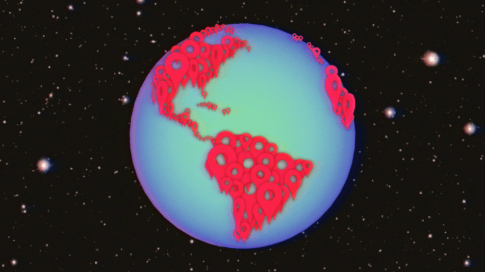 Illustration of Earth in space with red map pin icons forming the shapes of the continents on a blue and green globe.