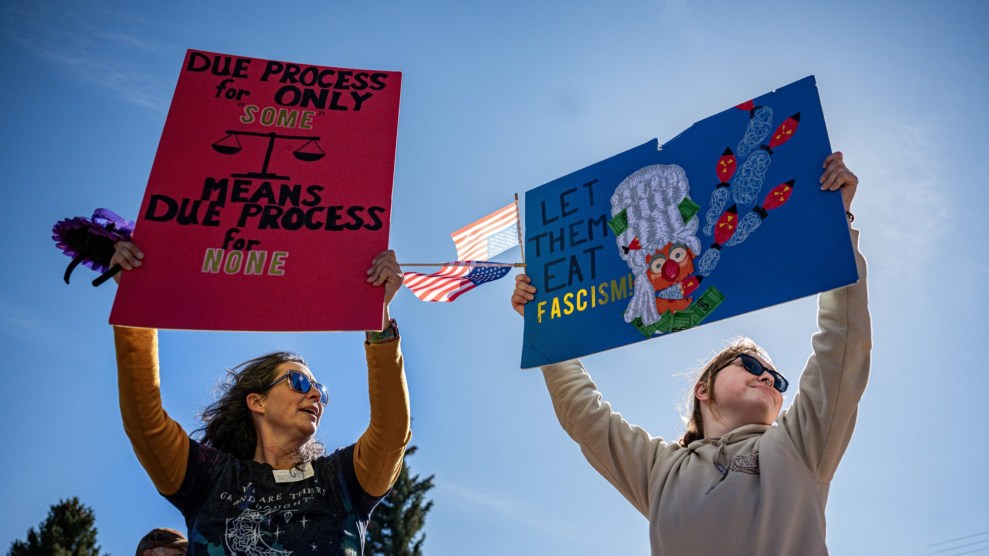 Demonstrators holding signs during a "No Kings" protest.