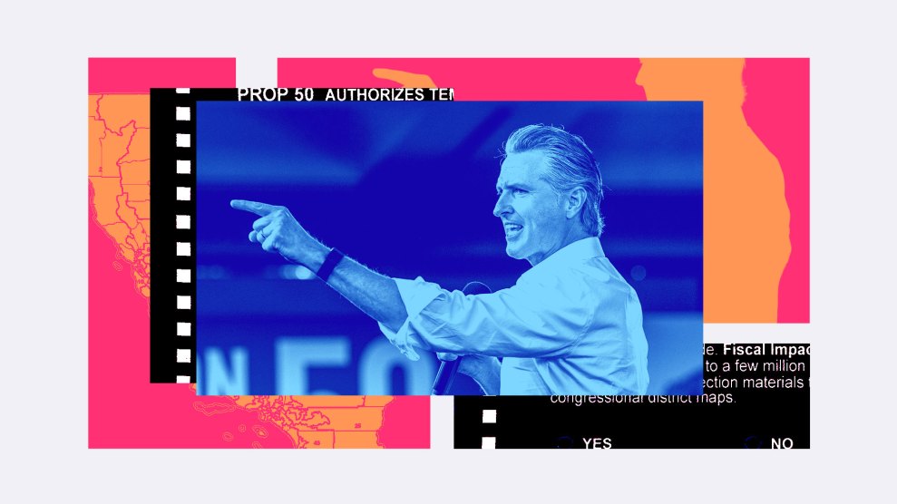 A collage showing a blue-tinted photo of Gavin Newsom, pink and orange graphic shapes of California and a man pointing, and black-and-white ballots reading “Prop 50.”
