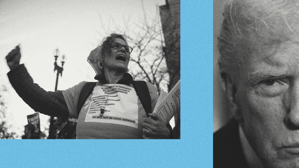 A photo pairing on a blue background that shows: a black-and-white image of an elderly woman wearing a shirt that reads in part "We Refuse to Accept a FASCIST AMERICA!"; to the right of that image is a tightly cropped black-and-white photo of the right side of Donald Trump's face, as he appears to be looking in the direction of the woman.