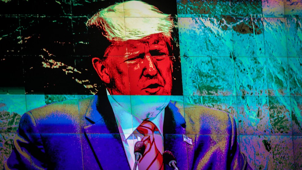 Donald Trump's face on a monitor, filtered by inverse colors and overlaid with maps.