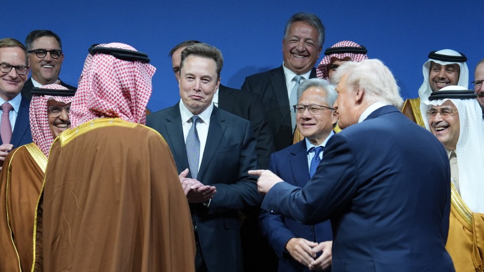 Elon musk smiles at Donald Trump and Saudi leader Mohammed bin Salman.