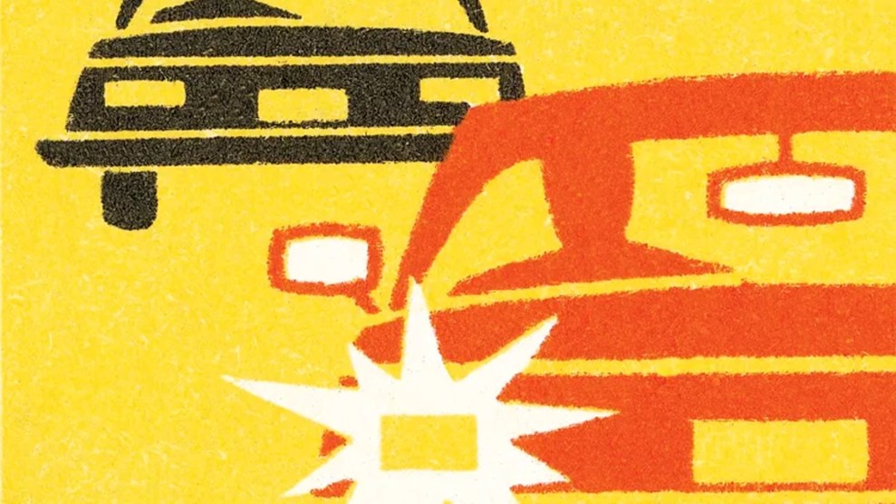 An illustration of a black car and an orange car on a yellow background