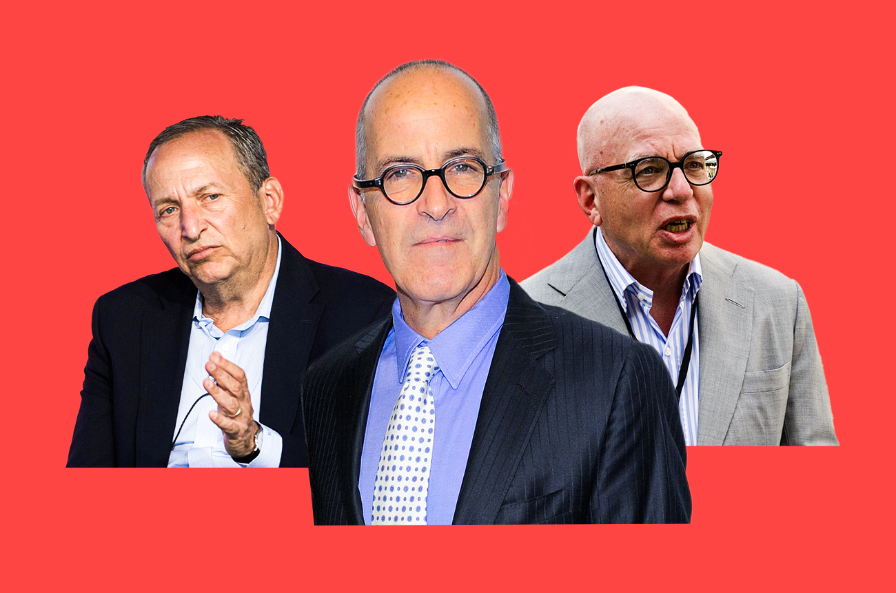 Photo collage featuring three older men in suits: Larry Summers, Mark Epstein, and Michael Wolff on a red background.