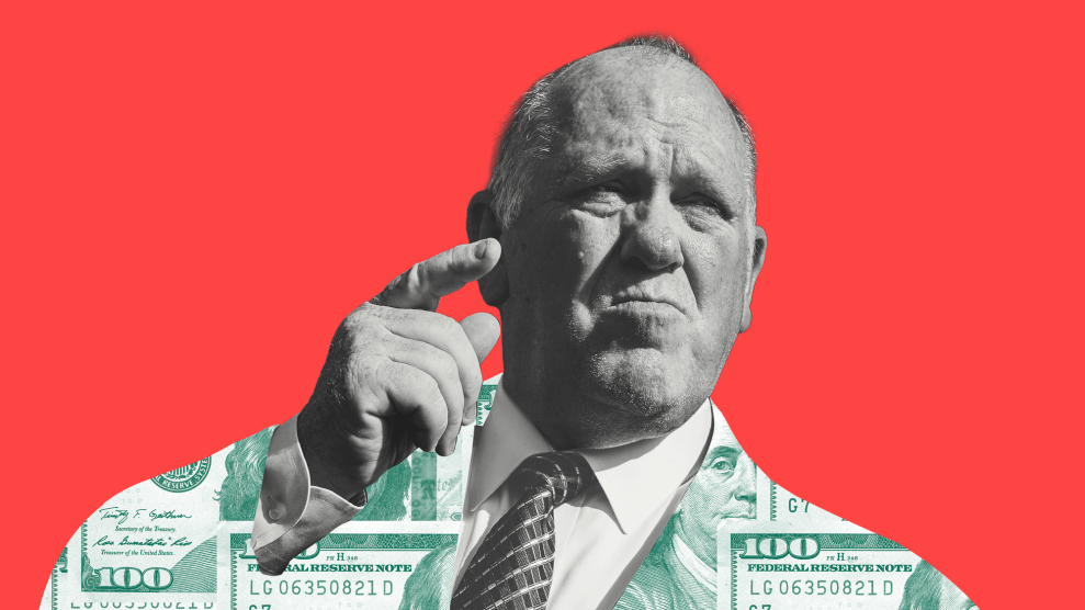 A collage that centers a photo of an elderly Caucasian man with a slight scowl on his face. Dressed in a suit and tie, he's pointing with his right hand. However, his suit jacket is layered with images of $100 bills.