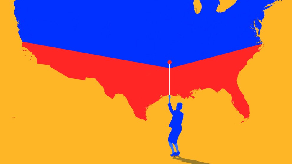 An illustration of a U.S. map divided horizontally into a blue northern half and a red southern half. A silhouette of a woman in blue pulls a cord attached to the dividing line, dragging the blue boundary downward to expand into the red area.