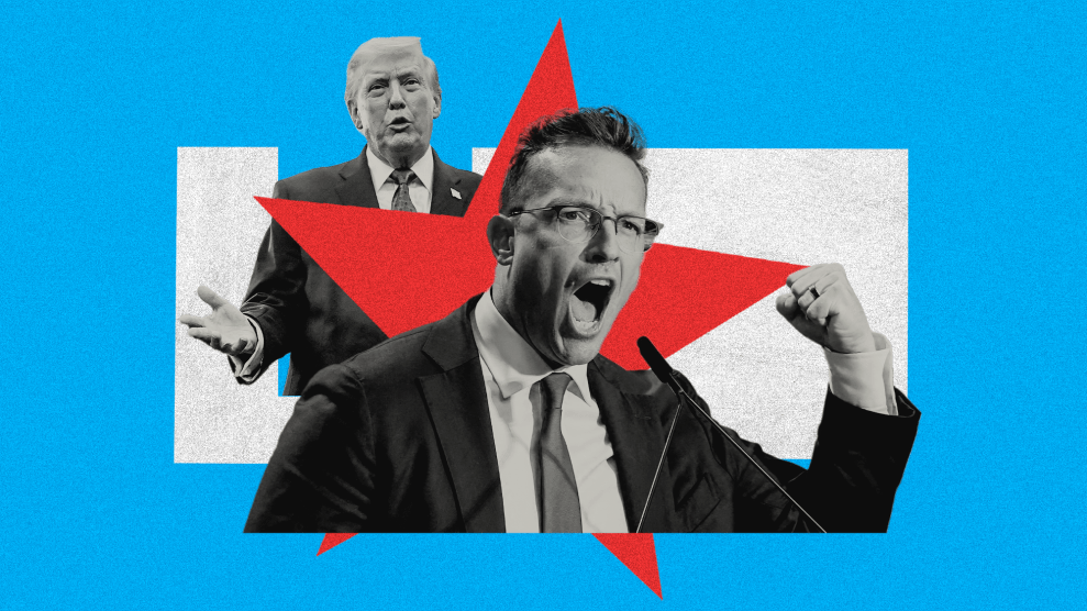A collage with a white and blue background. Overlaying the background is the upper torso of Donald Trump, with arms open wide. Overlaying Trump is a red tilted five-point star, and a demonstrative Benny Johnson. Johnson is a middle-aged Caucasian male who wears glasses. Mouth wide open as he yells, Johnson is pumping his left fist in the air.
