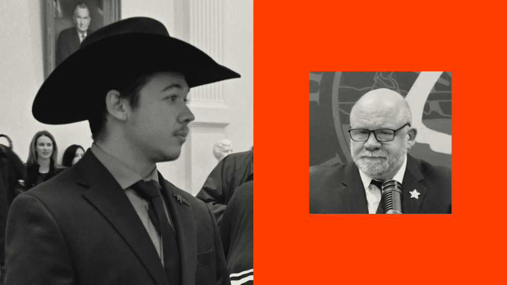 A split-screen composite showing a black-and-white closely cropped photo of Kyle Rittenhouse alongside a black-and-white photo of Walton County Sheriff Michael Adkinson as he speaks during a press conference. Rittenhouse is dressed in a suit and tie and a black cowboy hat. He has an assault weapon pin on his left lapel. Adkinson wears glasses and is also dressed in suit and tie. He has a gray short beard and is bald, save for short-trimmed hair around the sides of his head. He has a star pin on his left lapel.