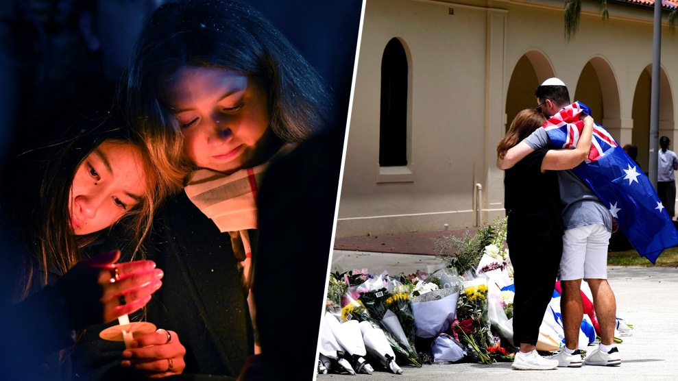 On the left two young women hold candles during a vigil; on the right a couple lays flowers at a tribute to victims. The man wears a Jewish kippah on his head, and an Australian flag is draped around his shoulders.