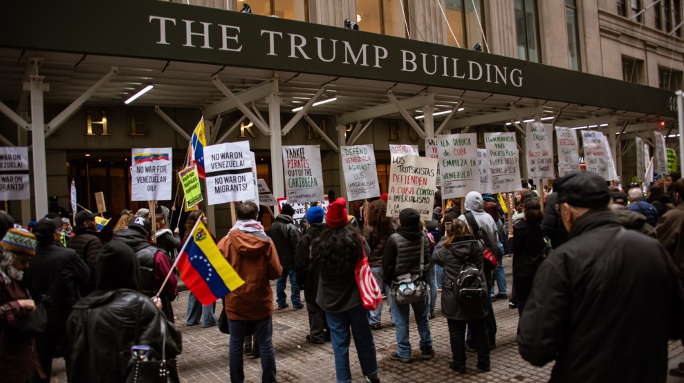 In response to the Trump administration's escalation with Venezuela, protesters gather in front of the Trump building in Manhattan, New York, on November 22, 2025, for a rally and march.