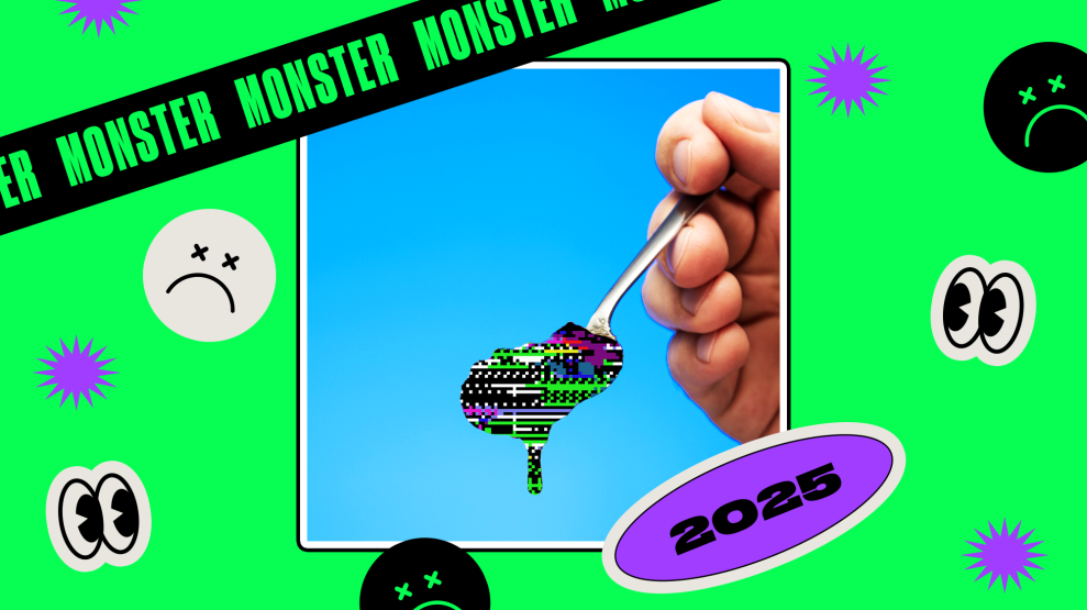 A photo illustration of a hand holding a spoon full of a glitchy digital static pattern. Various stickers are layered on top of the frame and background, including one that reads "MONSTER" over and over, "2025", two pair of eyes, purple stars, and multiple yuck faces.