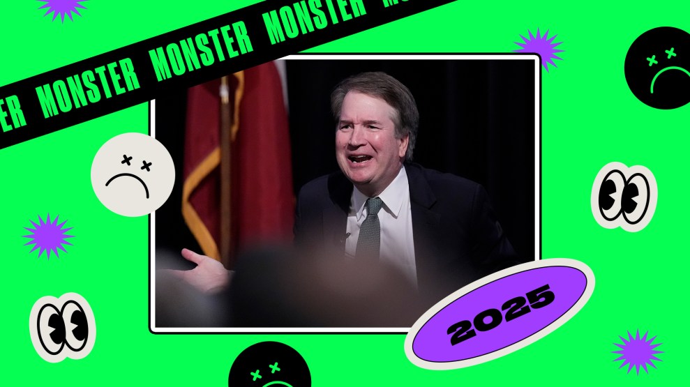 Rectangular photo of Justice Brett Kavanaugh speaking in an animated manner to a crowd in a frame with a white border on a green background. Various stickers are layered on top of the frame and background, including one that reads "MONSTER" over and over, "2025", two pair of eyes, purple stars, and multiple yuck faces.