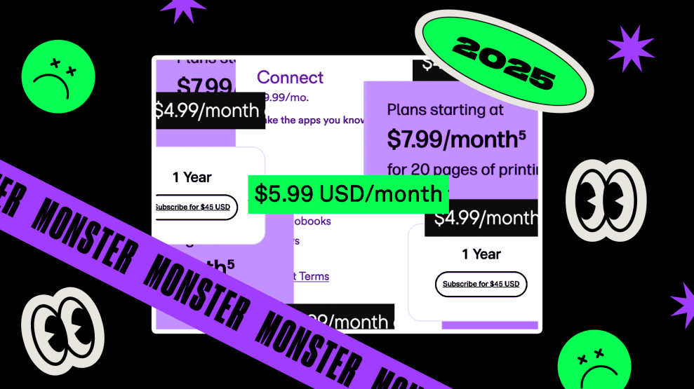 A graphic featuring overlapping cards with pricing details against a black background. The text on the cards includes: "Plans starting at $7.99/month," "$5.99 USD/month," "$4.99/month," "1 Year," and "Subscribe for $45 USD." The background is decorated with purple stars and neon green elements, including a purple banner with the word “monster” repeated and a curved green shape with the number "2025" and several stylized cartoon eyes and sad faces.