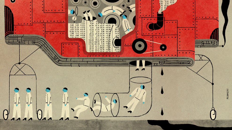 An illustration shows blue-faced men being sucked into a large processing machine. The machine contains columns of numbers, suggesting data or calculations.