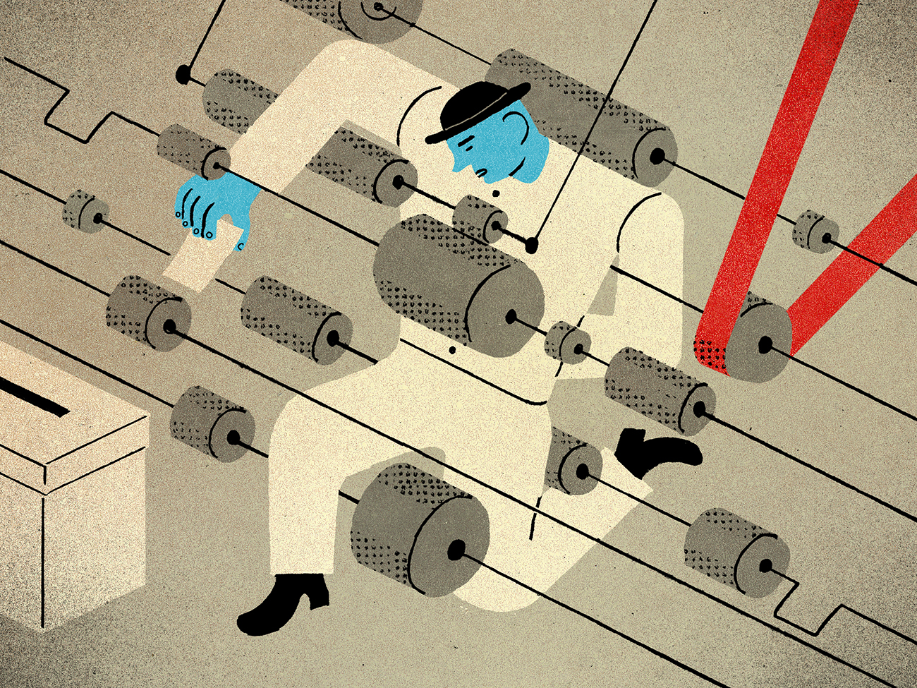 An illustration shows a blue-faced man being squeezed and flattened by a network of gray mechanical rollers and black wires. The man is attempting to put a ballot in a ballot box.