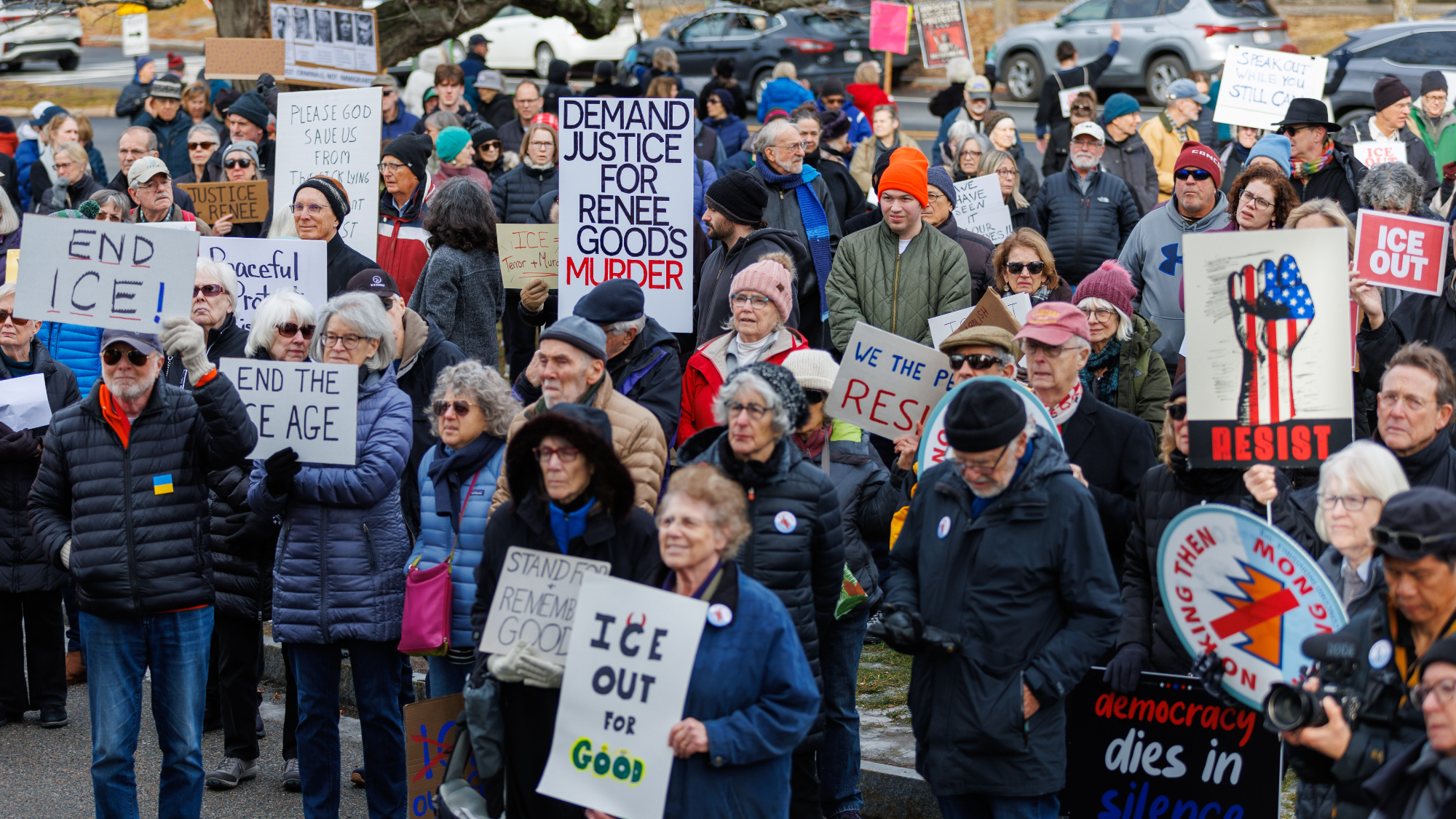 Members of Concord Indivisible gathered outside First Parish in Concord, Massachusetts, to protest the killing of Renée Nicole Good by ICE agent Jonathan Ross.