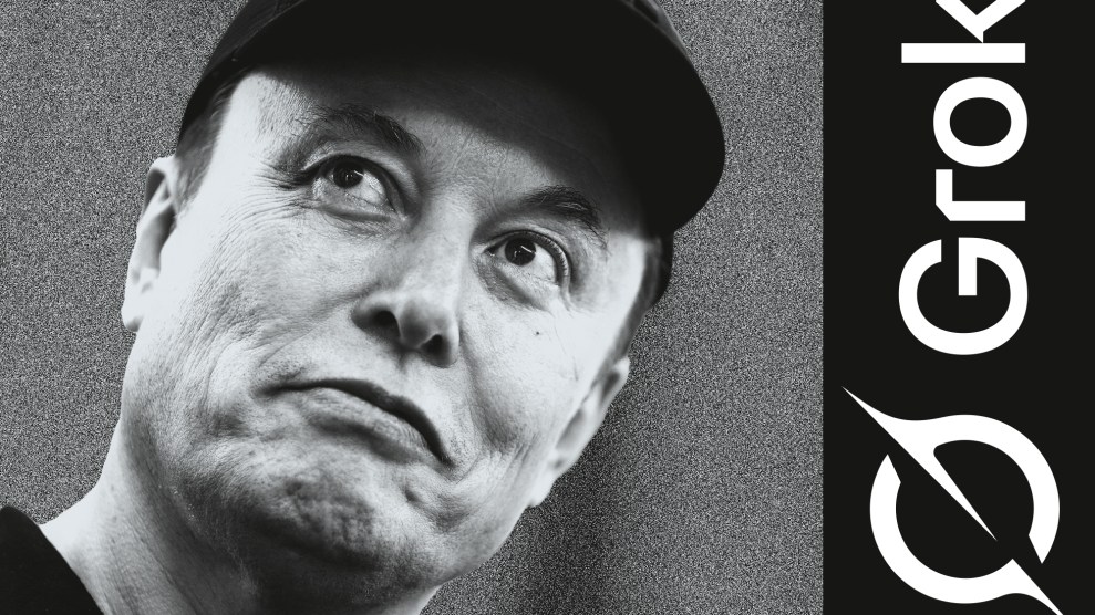 Black and white diptych of Elon Musk paired with the GROK logo.