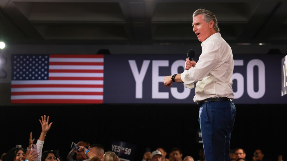 California Gov. Gavin Newsom speaks at a rally in favor of Proposition 50, a ballot initiative authorizing a new congressional map in the state