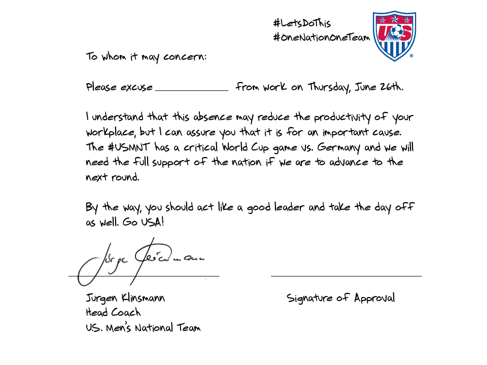 US Soccer excuse note world cup