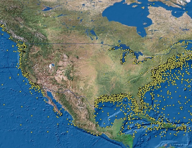 Locations of some of the 20,000 shipwrecks in US waters.