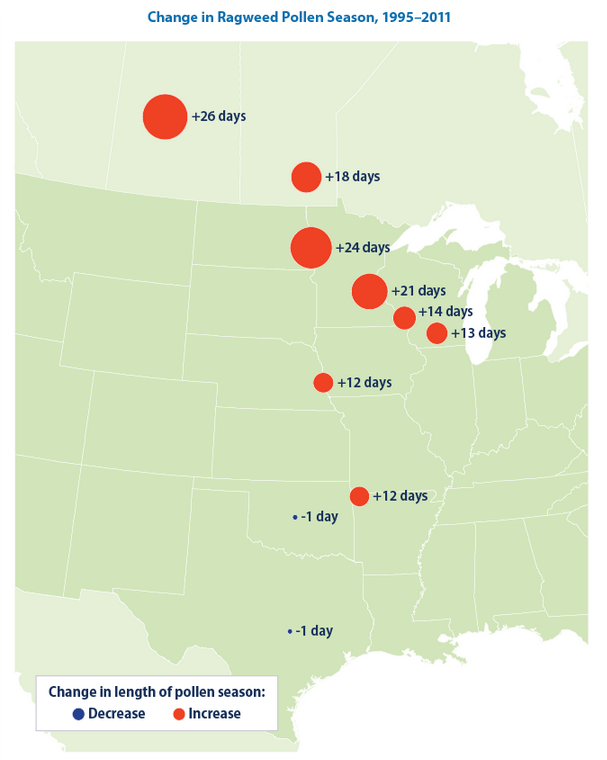 EPA map of longer ragweed allergy season