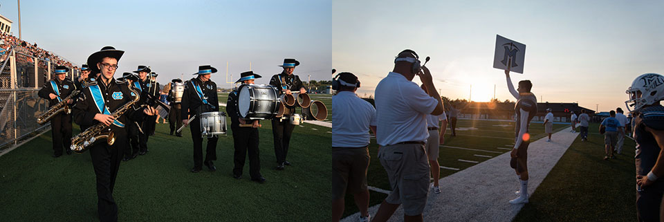 Diptych of marching band and football players