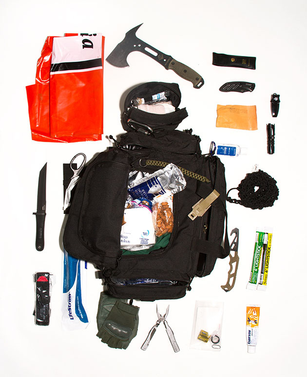   Curtis lives in Earthquake country and his bag contains a Lifestraw, which is a personal water filtering system, lightsticks, an orange plastic recycling bag that could be used for shelter, as a raincoat, or as a "flag" to notify helicopters of your presence.