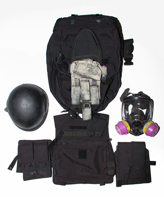  Jeff's Go Bag includes a bulletproof vest, a gas mask, and a bulletproof helmet.  It was designed to get him to his car, where he had guns, knives, an axe, camping gear, water, and food.  He also had property off grid where he would bug out to when SHTF (shit hits the fan).  