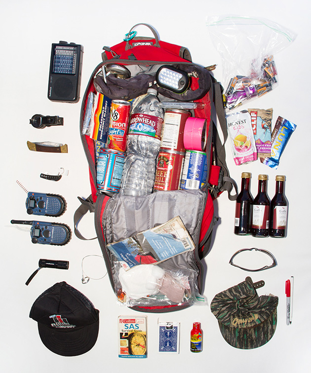      Sam's bag includes a variety of foods, walkie talkies and radio for communication, a deck of cards, and wine, which Sam heard that counteracts the effects of radiation poisoning