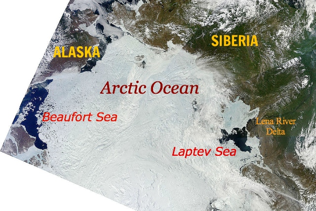 Arctic Ocean, 14 June 2012, sea ice opening at Beaufort and Laptev seas: NASA | MODIS | Terra