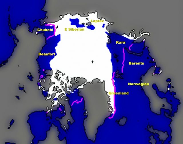 Arctic sea ice extent for October 2012 was 2.7 million square miles (7 million square kilometers). Magenta line shows 1979 to 2000 median extent for that month. Black cross indicates geographic North Pole. Yellows shows seas within the Arctic Ocean: National Snow and Ice Data Center