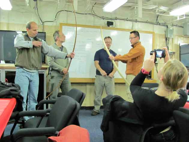 Scientists testing the bows. Left to right: Bob Pickart, Frank Bahr, David Forcucci, Donglai Gong. Julia Whitty